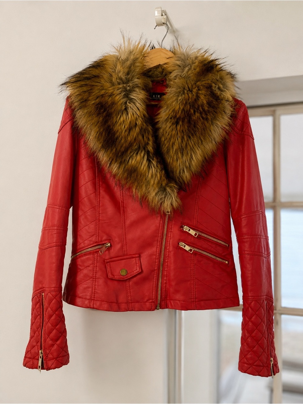 AKIRA Red Faux Leather Moto Jacket with Faux Fur Collar - Size L